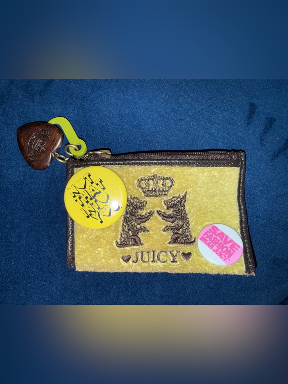 Juicy Couture Yellow Velvet Crest Zip Card & Key Pouch with Badge Charms